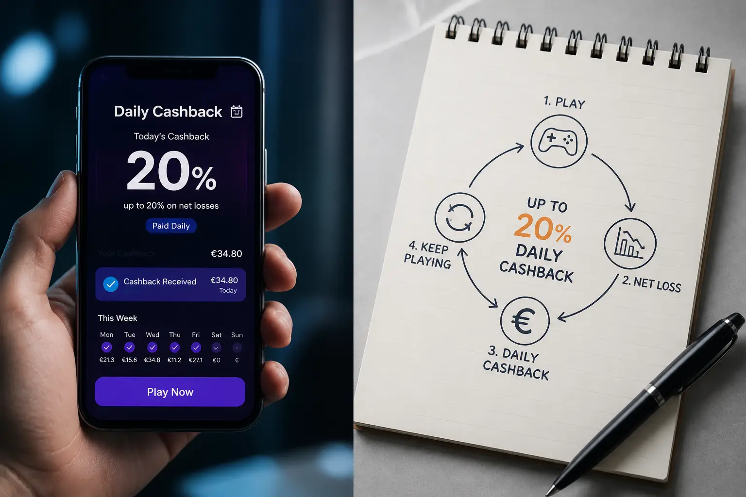 Casino Days Cashback – 20% Daily Cashback Offer visual guide for Casino Days